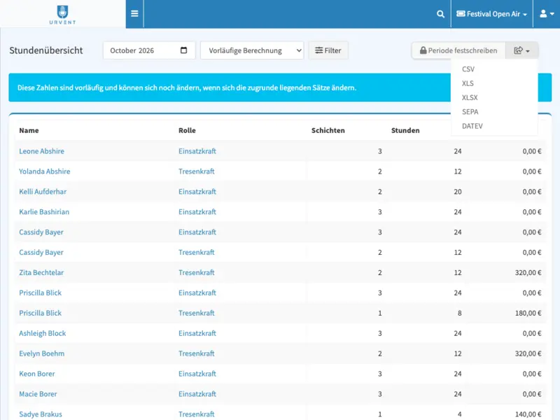 Stundenübersicht mit Export als CSV, Excel, SEPA oder DATEV