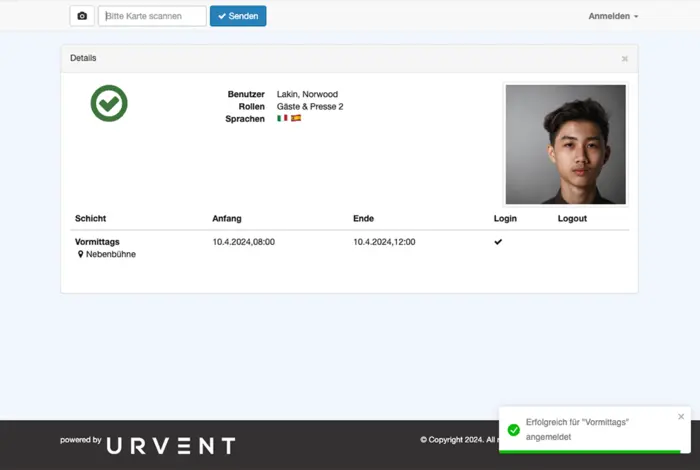 Personnel card scanner for check-in, check-out, and catering