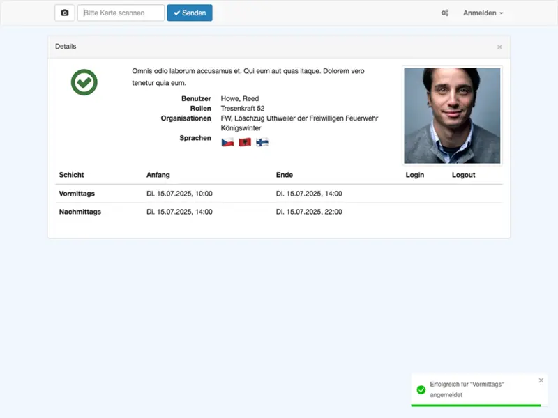 Personalkarten Scanner für Checkin, Checkout und Catering